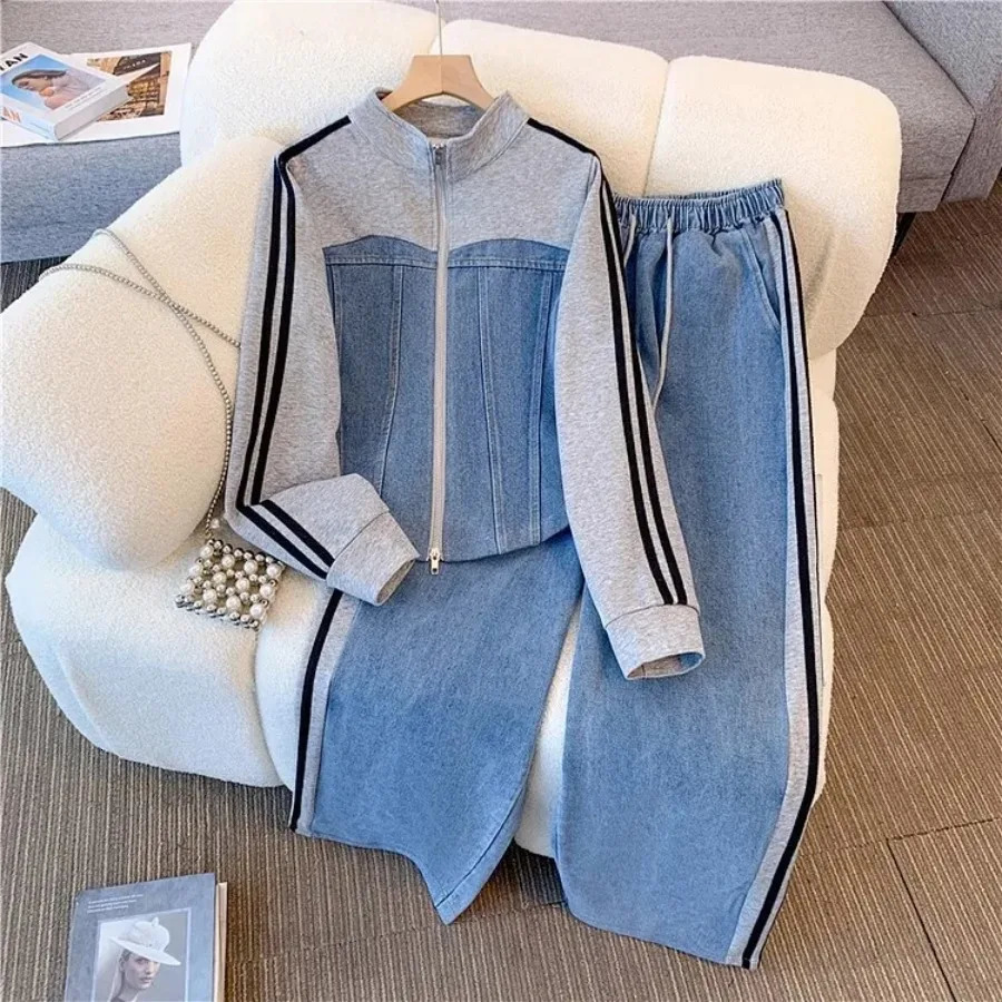 Women Denim 2 Piece Set Striped Long Jacket Lace Up Washed Distressed Wide Leg Pant Autumn Female 2025 Streetwear Matching Sets 250808