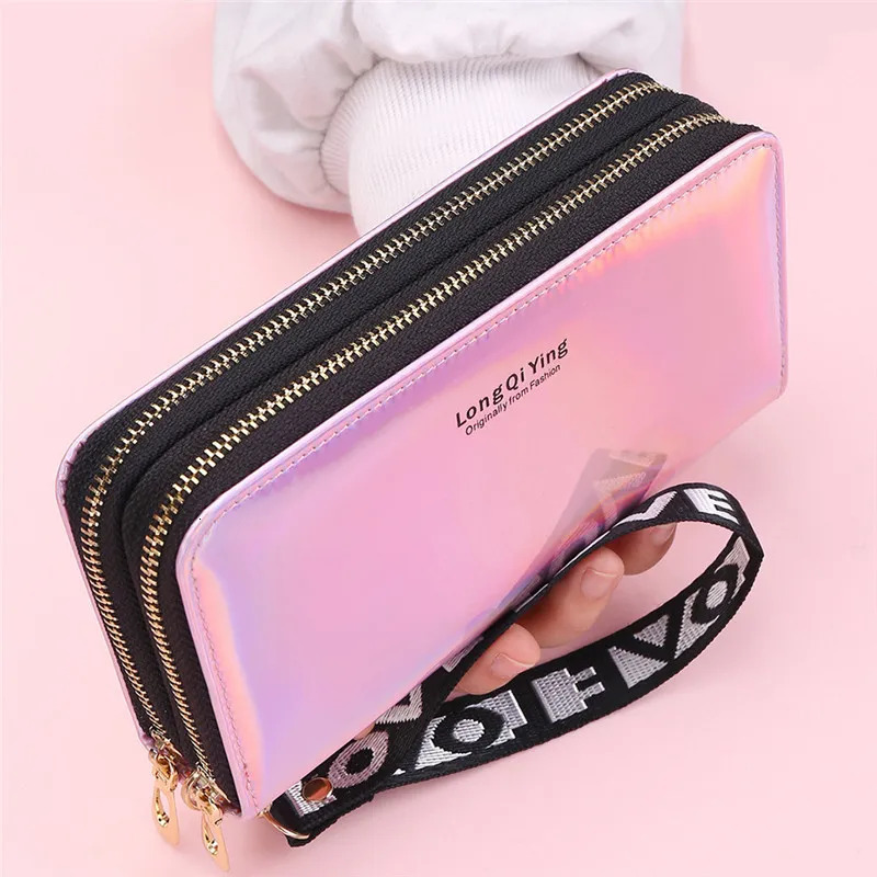 Double Zipper Womens Long Wallet Female Laser Soft PU Leather Coin Clutch Bag Large Capacity Business Card Holder Arrival 250809
