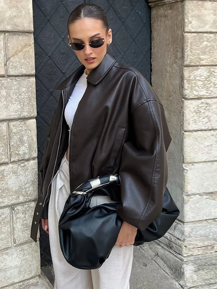 Elegant Pu Zipper Jacket with Belt Women Long Sleeve Lapel Loose Pockets All-match Jacket 2025 Autumn Leather Street Coat Lady 250811