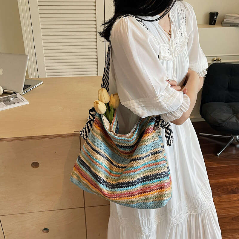 DHpet_wholesale 2025 Woven Straw Bucket Bag - Large Boho Shoulder Purse for Women, Beach Vacation Tote (34x29cm, 300g)