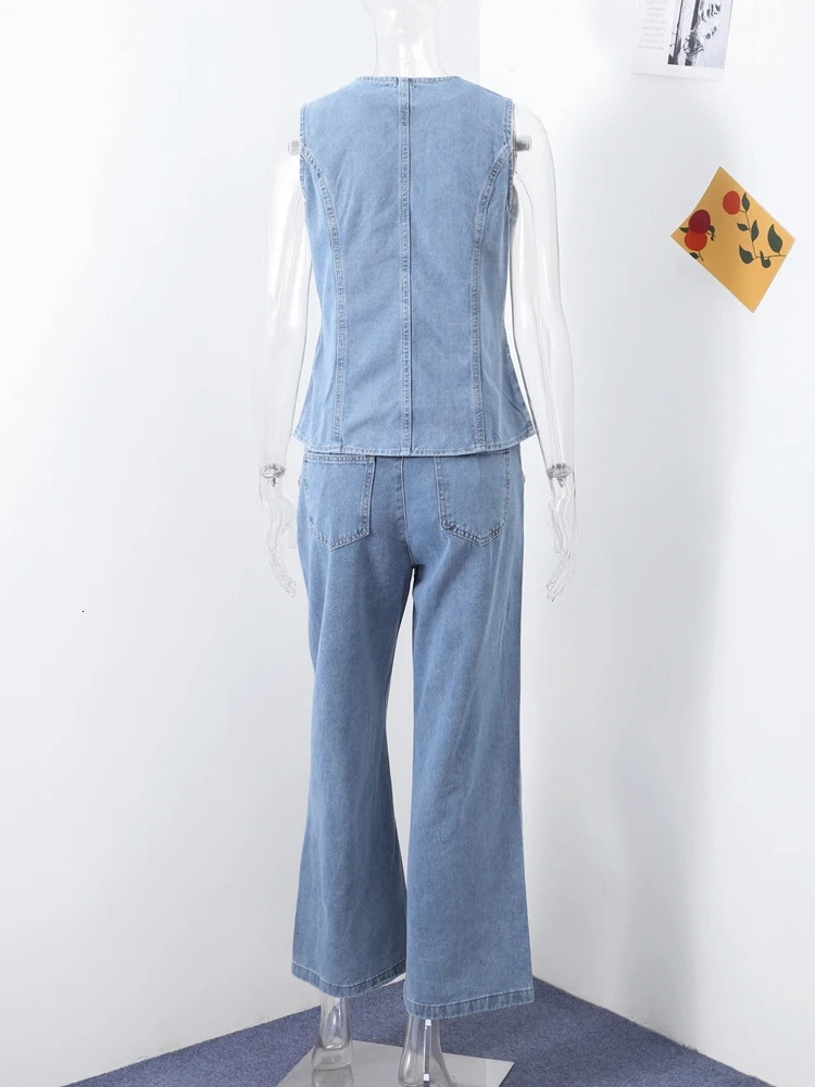 Vintage Denim Pants 2 Piece Sets For Women O-neck Sleeveless Single Breasted Tank Vest Wide Leg Trouser Spring Lady Outfits 250806