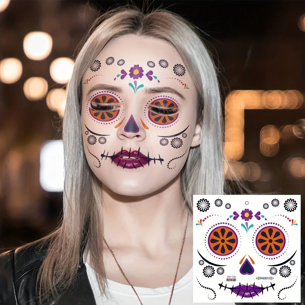 Halloween Temporary Tattoos Sticker Day Of The Dead La Catrina Face Skull Waterproof Party Makeup Decals 250809