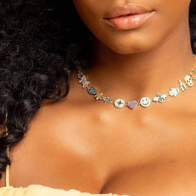 Rainbow Colorful Cz Paved Multi Lucky Charm Choker Necklace For Women Cute Animal Eye Statement Pendant Jewelry 250807