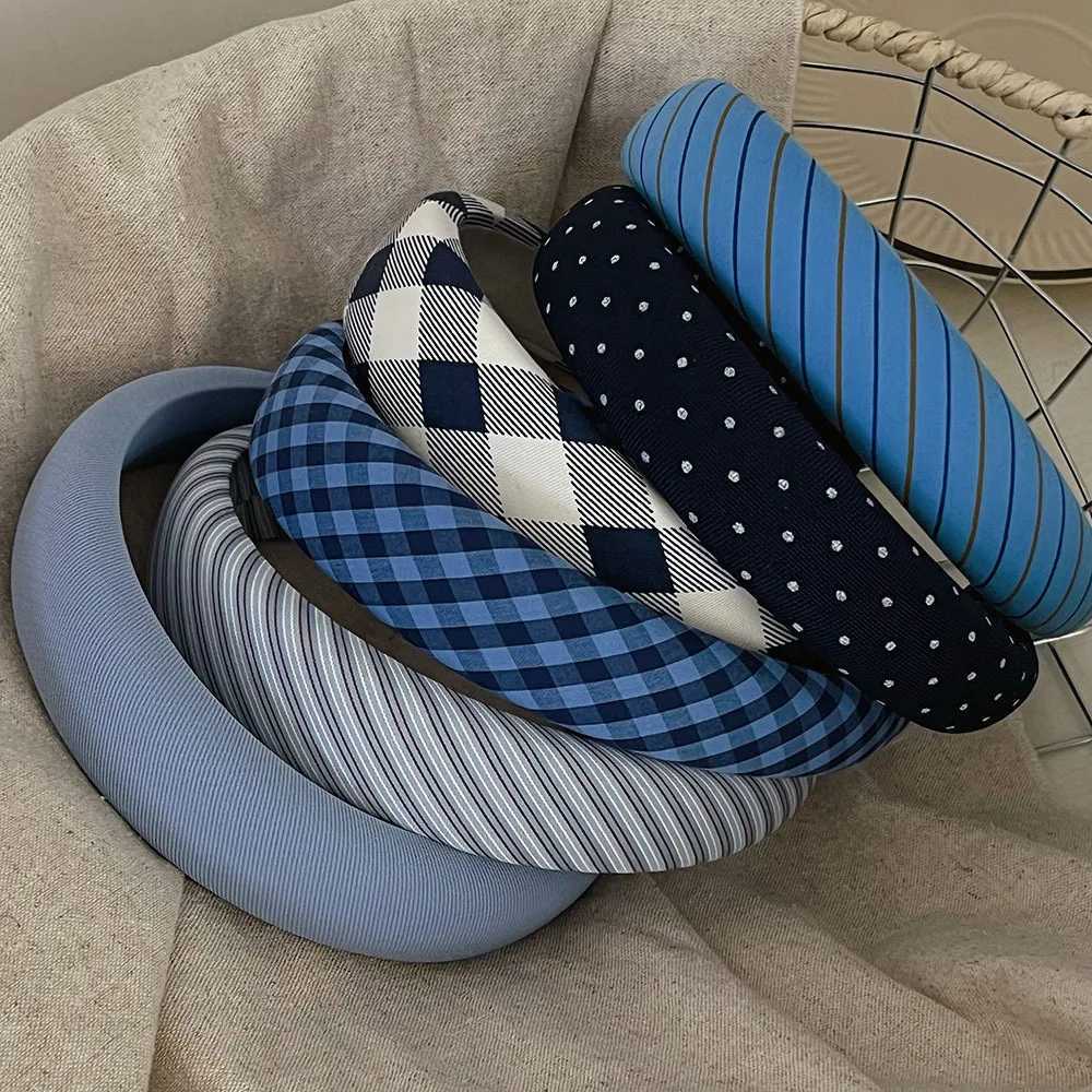 Vintage Blue Plaid Striped Padded Hairbands Ins Fashion Wide Band Wen Elegant Hair Hoop Wrap Non-Slip Hair Accessories X250812