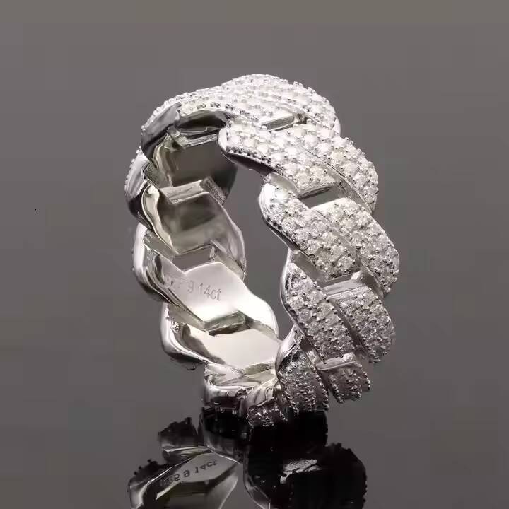 14K Solid White Gold Wedding Ring 11mm Original Moissanite Diamond Monaco Cuban Link Ring in Silver Rhodium Plated for Women