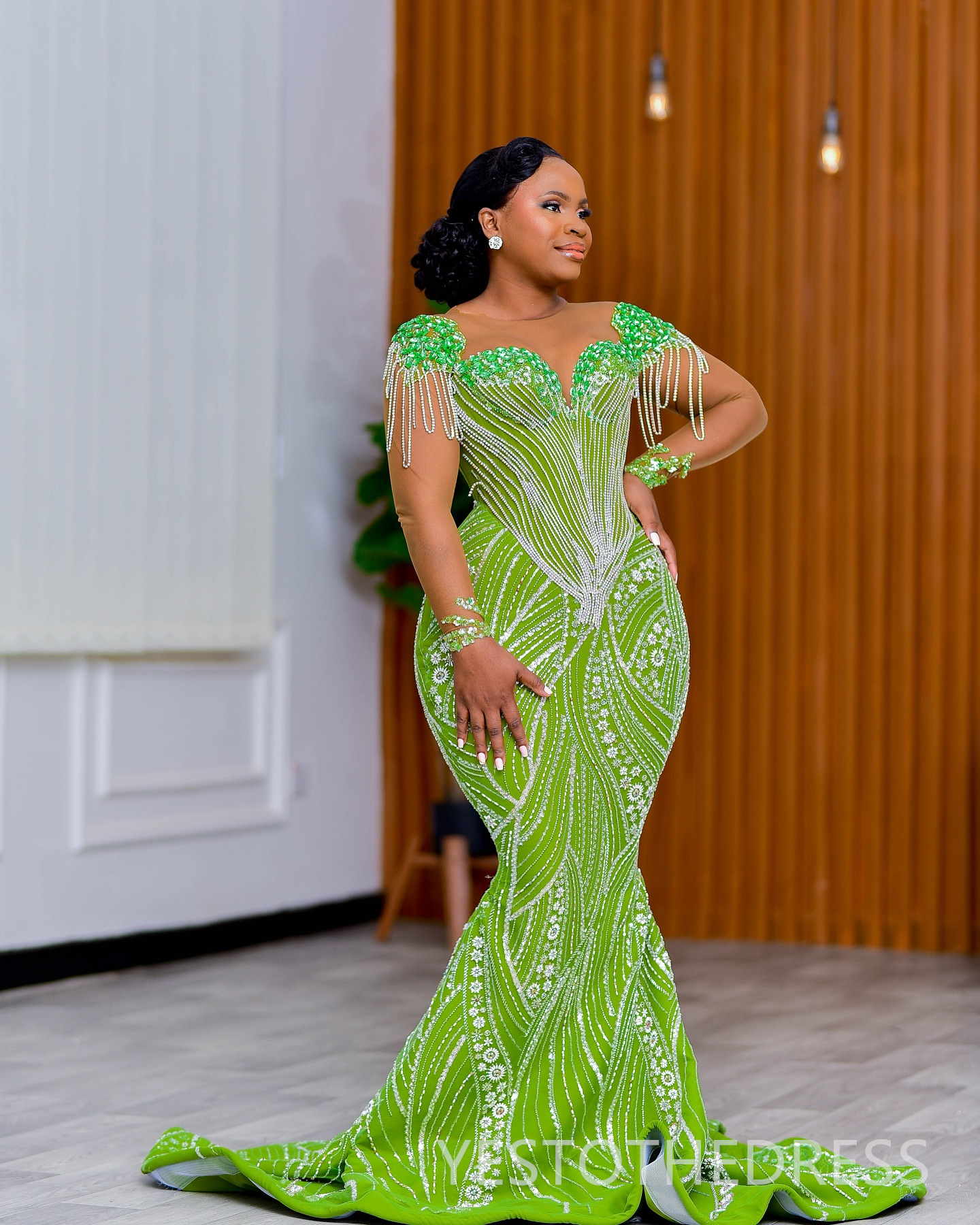 2025 Plus Size Green Prom Dress Evening Dresses For Black Women Sheer Neck Long Sleeves Beaded Lace Tassel Elegant Birthday Dress Second Reception Gow