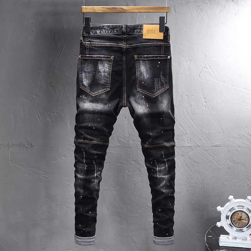 Street Fashion Men Jeans Retro Black Gray Stretch Slim Fit Painted Ripped Jeans Men Pocket Designer Vintage Denim Pants Hombre X250812