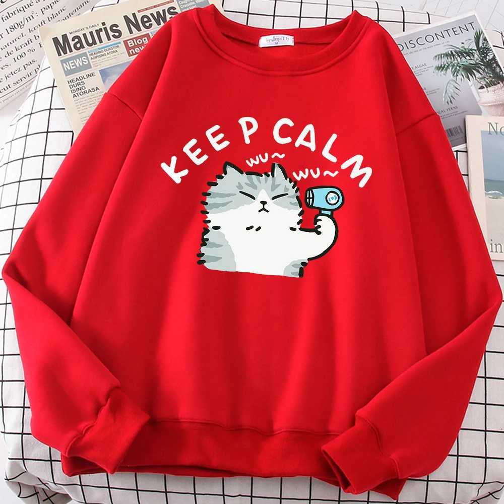 Fun Cat Using Hair Dryer Cute Print Hoodies Men Women Funny Print Japan Fashion Hip Hop Sweatshirt Autumn Fleece Pullover Hoody Y250811
