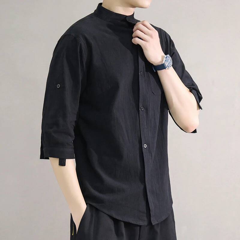 2025 Solid Color 3/4 Sleeves Spring Loose Stand Collar Male Office Buttons Placket Men Over Shirt for Work ddmymarket