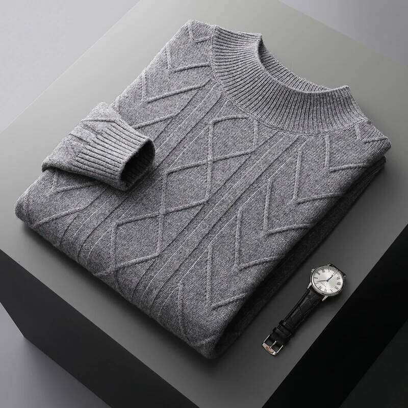 Winter 100% Merino Wool Knit Pullover Men's Semi-High Neck Thicken Sweater Fashion Loose Jacquard Youth Shirt High-End Warm Tops 250812