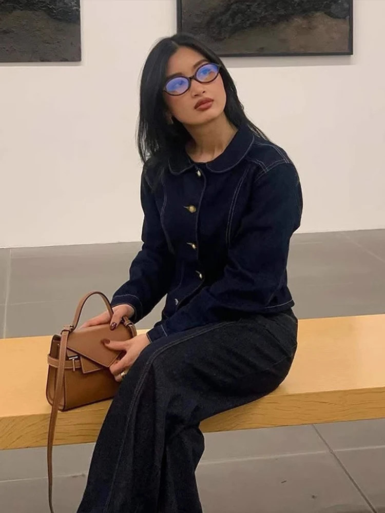 Fashion Denim Jacket Set Women Casual Peter Pan Collar Single Breasted Jackets Loose Long Wide Leg Pants Jeans 2025 Spring 250808