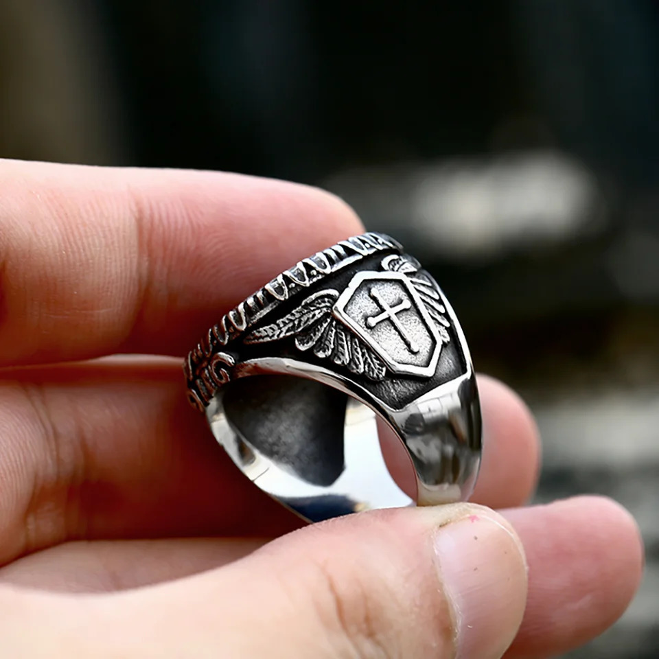 Punk Vintage Stainless Steel St Michael Rings Biker Fashion Cross Ring For Men Boys Renaissance Amulet Jewelry Gift Drop 250812