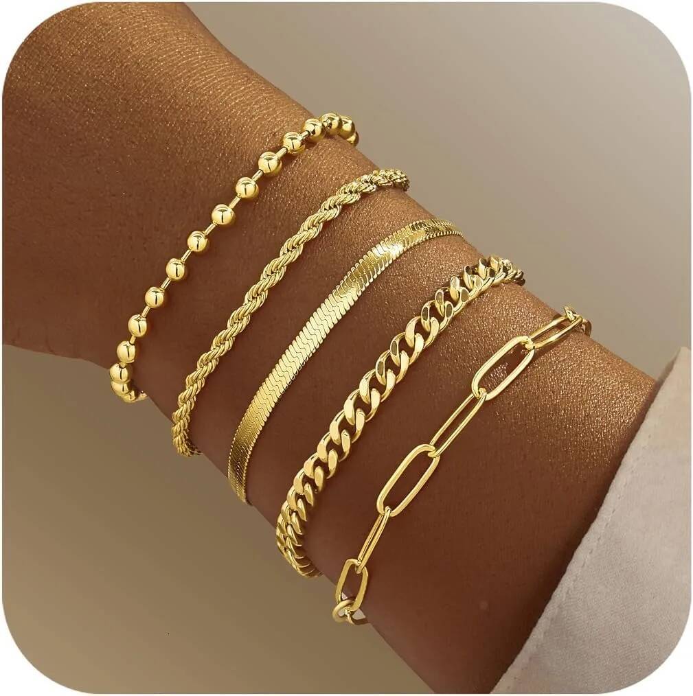 Set Gold Bracelets Stack With Beaded, Cuban, Paperclip, Snake, Rope Gifts for Women