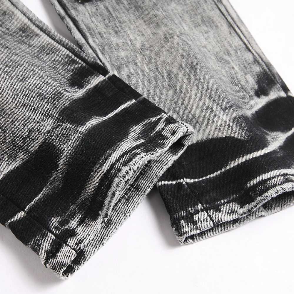 Men Crystal Patch Denim Jeans Streetwear Slim Straight Pants Gray Black Stretch Cotton Trousers X250812