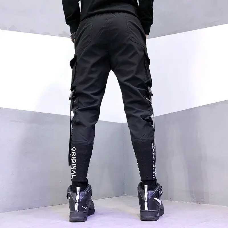 Hip Hop Men Ribbons Cargo Pants Fashion Harajuku 2024 New Elastic Waist Casual Streetwear Mens Joggers Black Trousers X250812