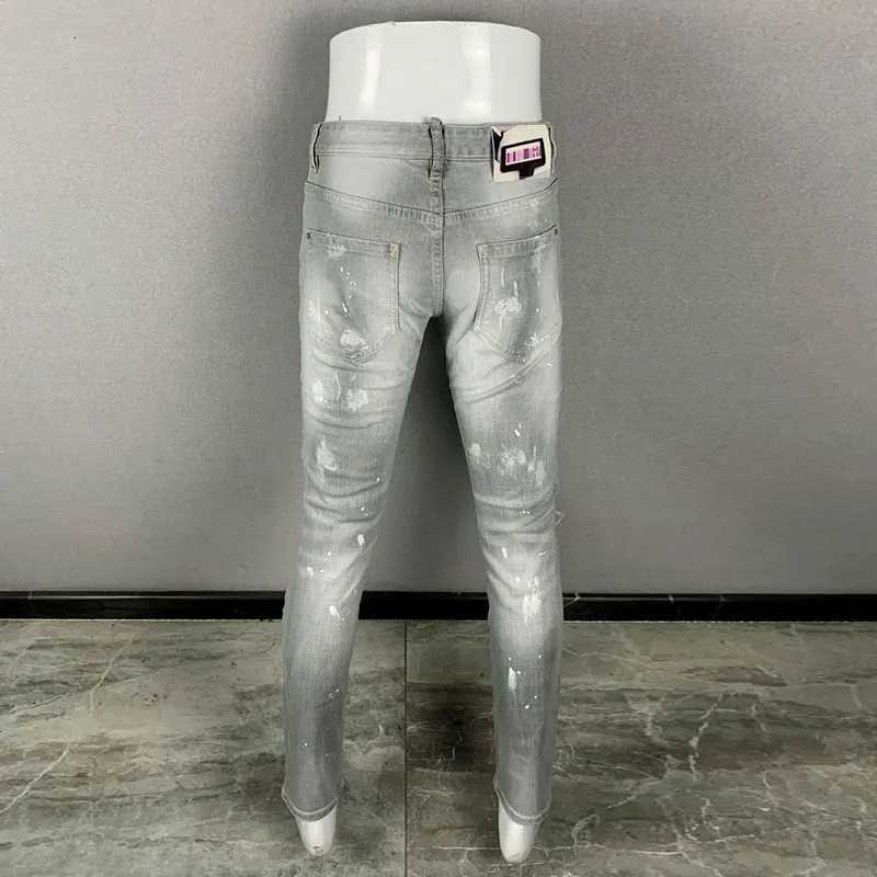 High Street Fashion Men Jeans Retro Gray Stretch Slim Fit Ripped Jeans Men Painted Designer Hip Hop Brand Denim Pants Hombre X250812