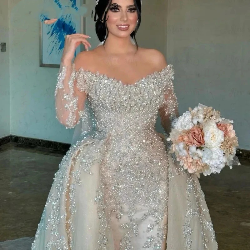 Gorgeous A Line Women Wedding Dress Off Shoulder Long Sleeves Bridal Gowns Sequins Detachable Train Dress Customized vestidos de novia
