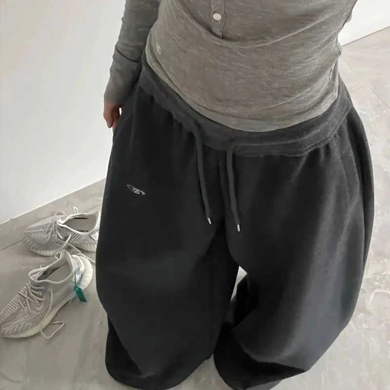 Oversize Cotton Woman Black Sweatpants Y2K Korean Streetwear Loose Casual Jogger Pants High Waist All Match Drawstring Trousers 250811