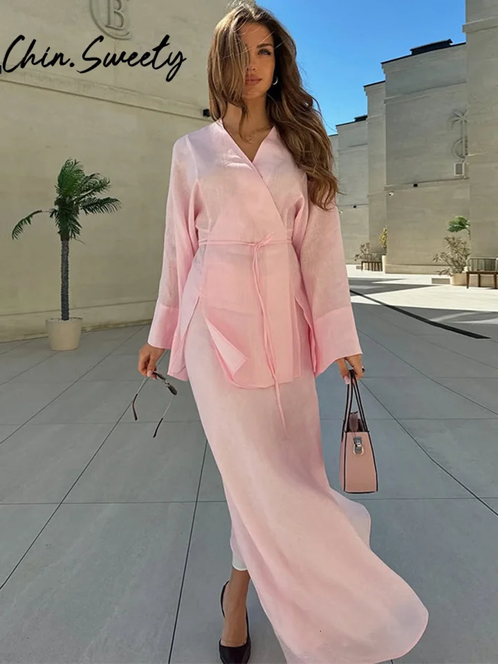 Casual Shirt Skirt Women 2-piece Set Elegant Lace Up V-neck Long Flare Sleeve Shirts Mermaid Skirts 2025 Summer Lady Outfit 250811