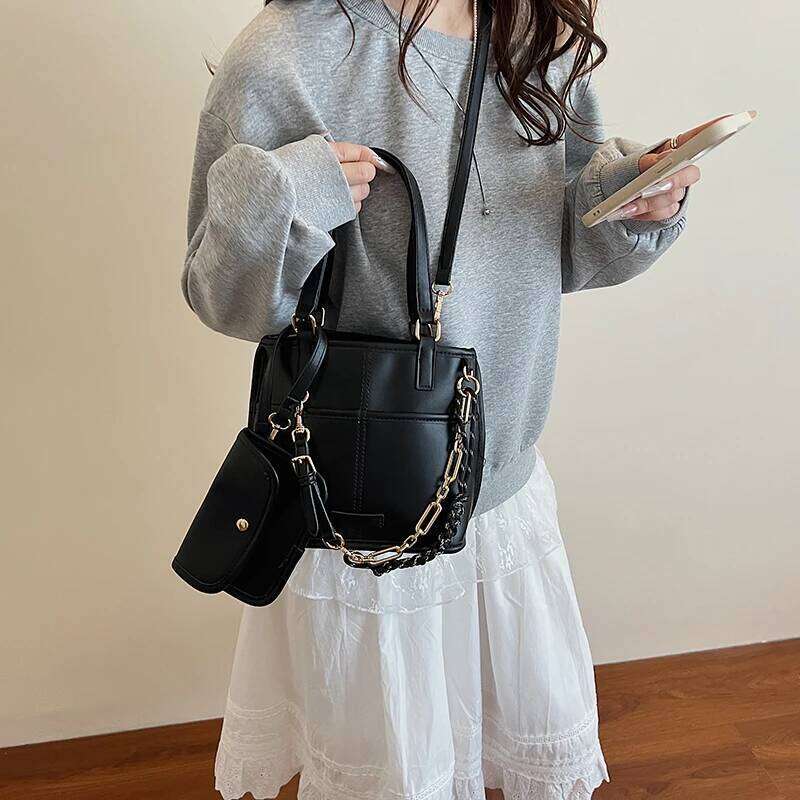 PU Leather Simple Crossbody Bags Large Capacity Black Sling Bucket Trendy Shoulder Bag Tote Handbag With Matching Clutch