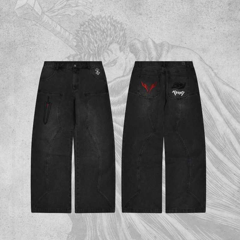 Berserk jeans fashionable Y2K baggy mens pants American style distressed washed streetwear Harajuku Gothic embroidery floor pants X250812
