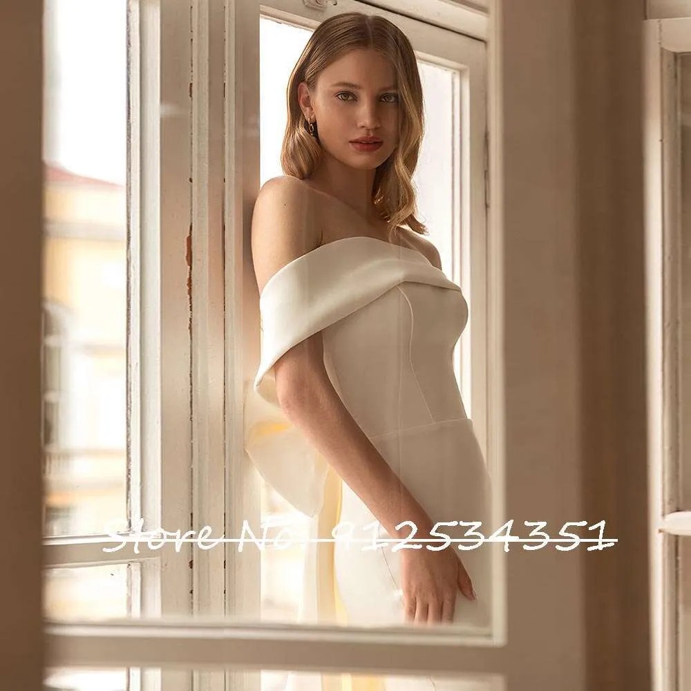 Robes De Mariage Satin Mermaid Wedding Dress Off the Shoulder Simple Trouwjurk Detachable Bow Vestidos Novia Bridal Gowns