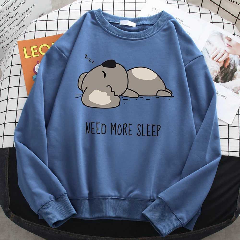 Casual Simple WomenS Sweatshirt Need More Sleep Cartoons Bear Print Hooded Loose Fleece Pullovers Warm Soft Female Streetwear Y250811