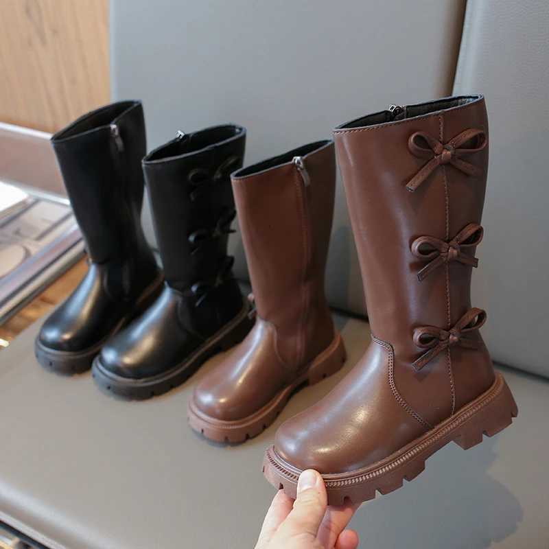 Girls Black Fashion Boots 2025 Autumn Winter Warm Kids Sweet Bow Knee-high Boots Simple Children Soft PU Leather Shoes for Girls XJ250812