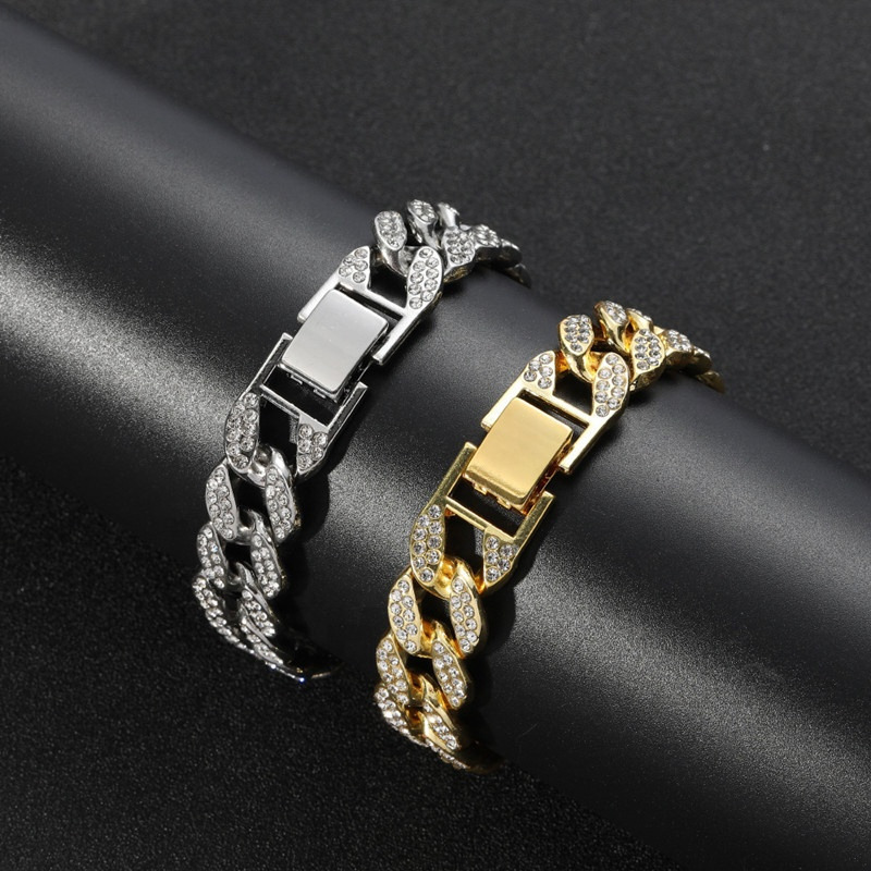 Hot Sale 18K Gold Plated Diamond Iced Out Miami Cuban Link Chain Bracelet HIP HOP Style for Wedding Gift Made of Zinc Alloy