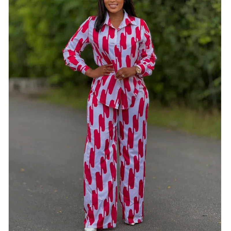 African Fashion Stripe Printed Two Piece Set Women Spring Autumn Casual Button Long Sleeved Shirt Wide Leg Pants Set 250811