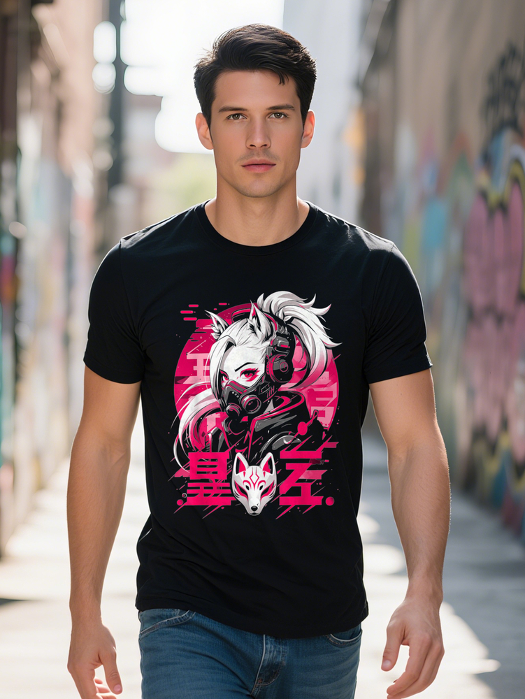 Anime Manga Cyberpunk Aesthetic Techwear Haruku Kitsune T Shirt Selected fun design DIY pure cotton rich