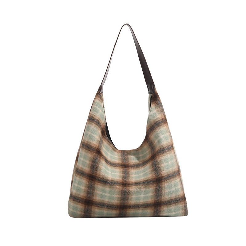 High-end Large Capacity New Autumn Winter Fashion Wool Plaid Shoulder Commuter Tote Bag for Women