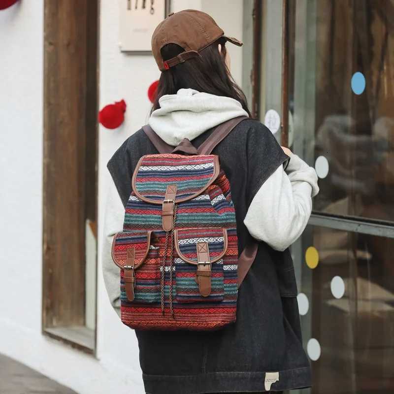 2024 New Female Ethnic Style Backpack Casual Plaid Drawstring Women Large Capacity School Bag Drawstring Bucket Bag Y250811