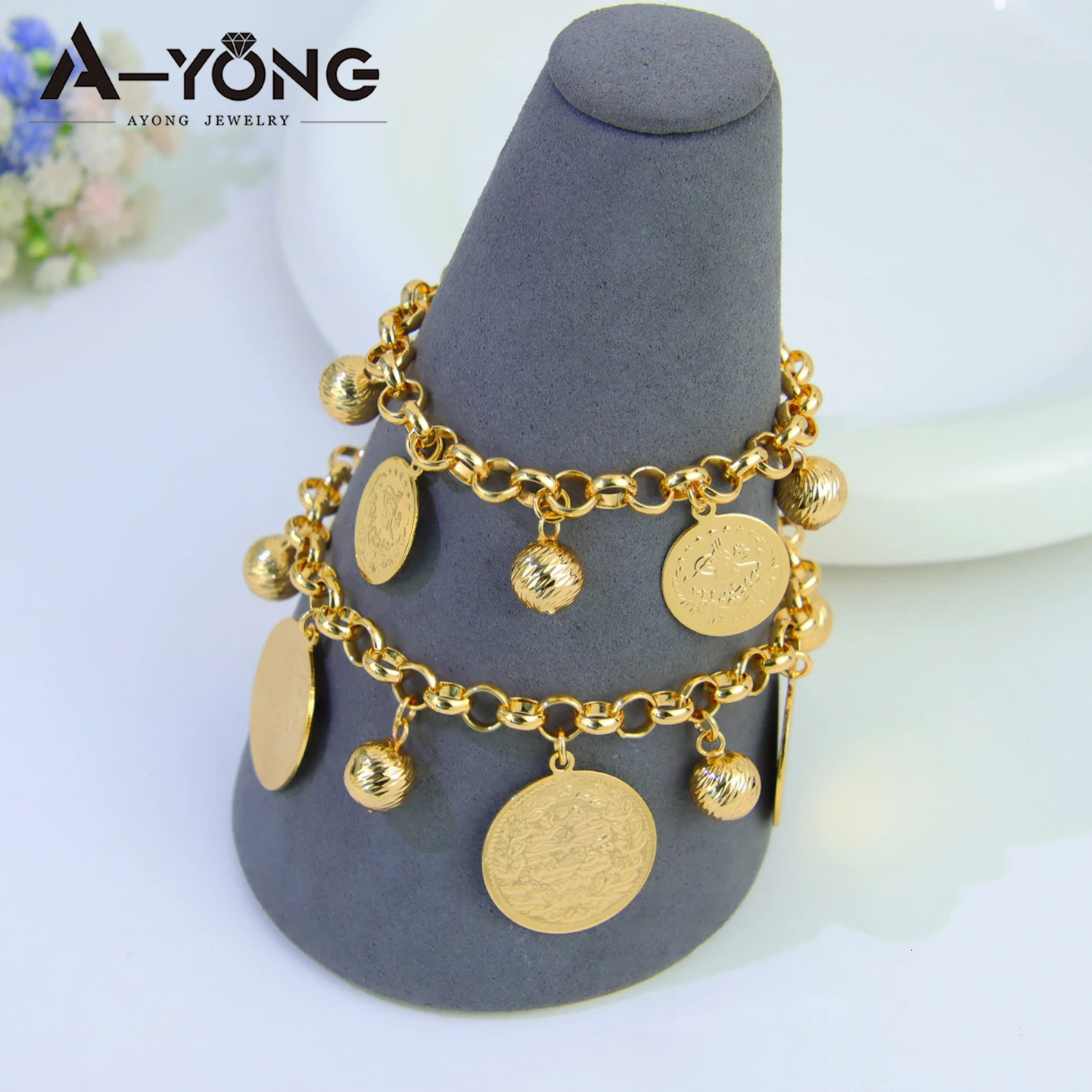 Saudi Muslim Gold Color Coins Bracelet 21k Gold Plated Elegant Balls Bangles Nigeria Brazilian Women Wedding Party Jewelry 250807