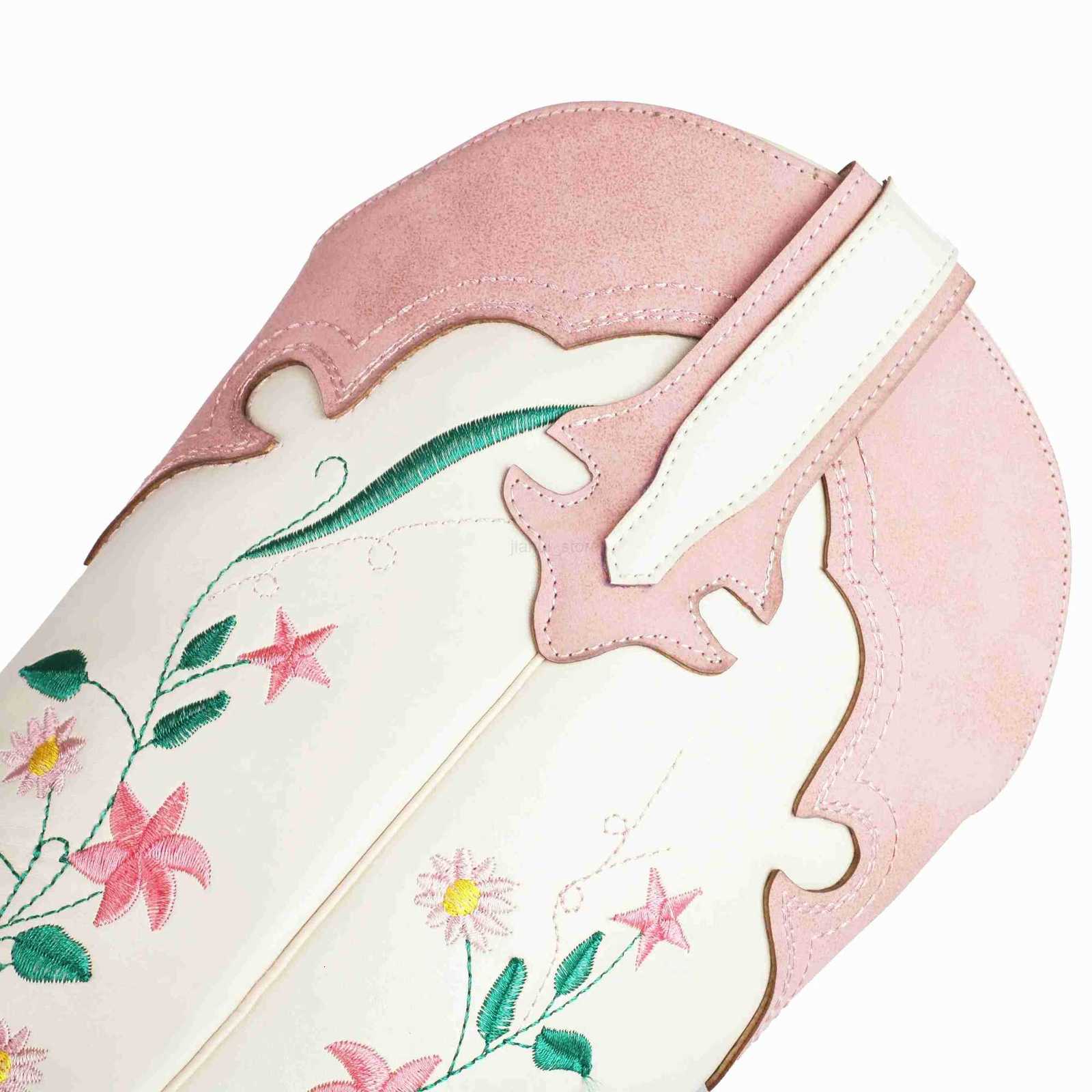 Womens Cowgirl Cosplay Boots Embroidery Floral Pink Lolita Western Cowboy Tall Booties Square Toe Knee High Chunky Heel Shoes M250812
