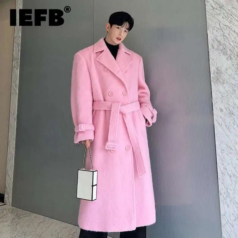 IEFB Korean Men Woolen Coat Casual Lapel Double Breasted Long Trench Solid Color Male Overcoat Belt Autumn Trend 9C2884 250805