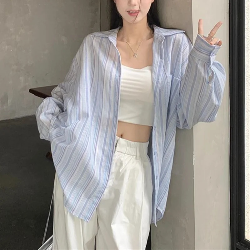 Pink Striped Shirt Women Korean Style Loose Long Sleeved Button Up Blouse Ladies Autumn Wild Streetwear Casual Shirts 2025 250811