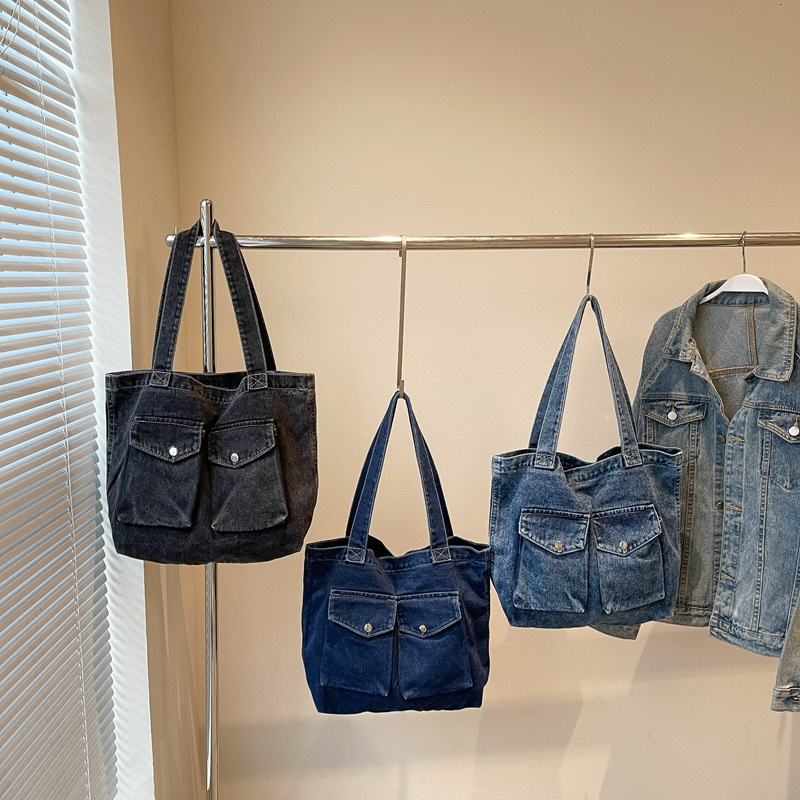 Denim Tote for Women New Versatile Casual Shoulder Student Handbag Class Tutoring Bag