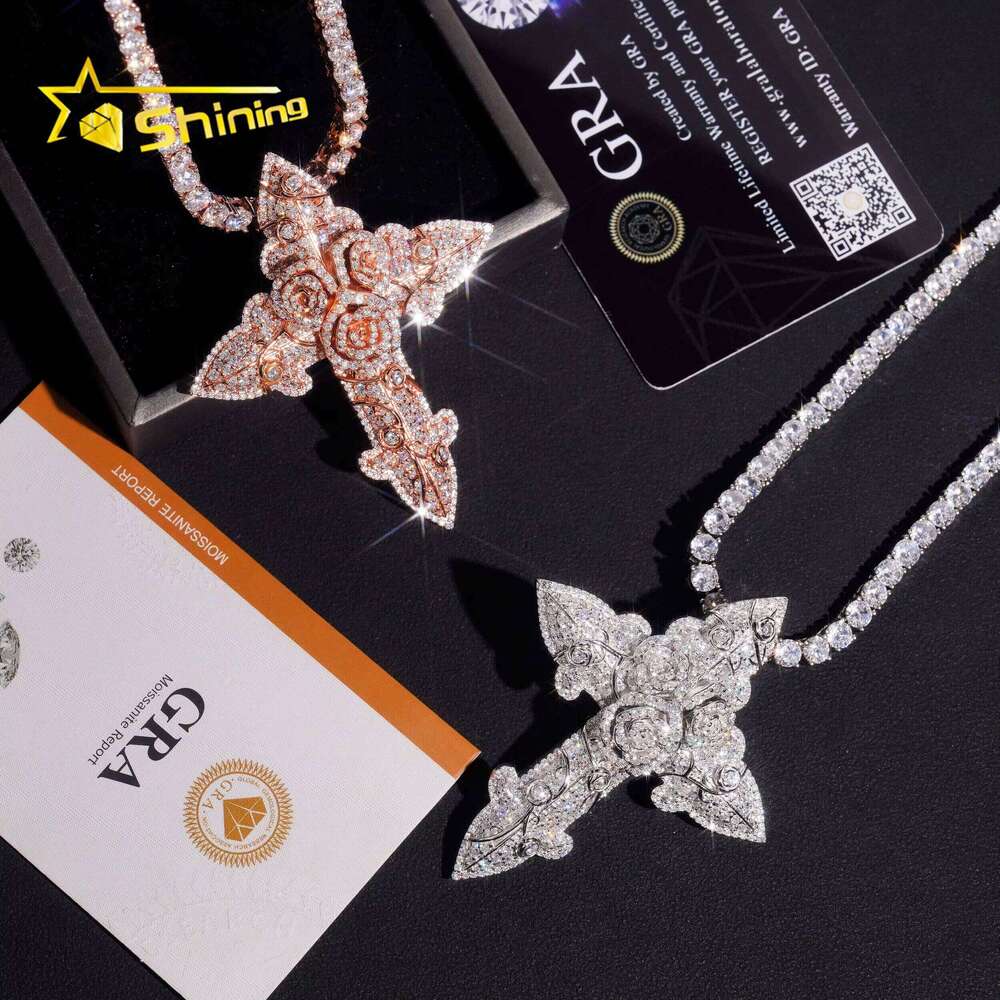 Hip Hop Rose Cross Sterling Sier Gold Plated Moissanite Iced Out Dia Charm Pendant