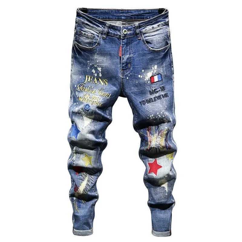 2024 Spring and Autumn Fashion Trend Printed Straight Leg Stretch Jeans Mens Casual Relaxed Breathable High-Quality Trousers X250812