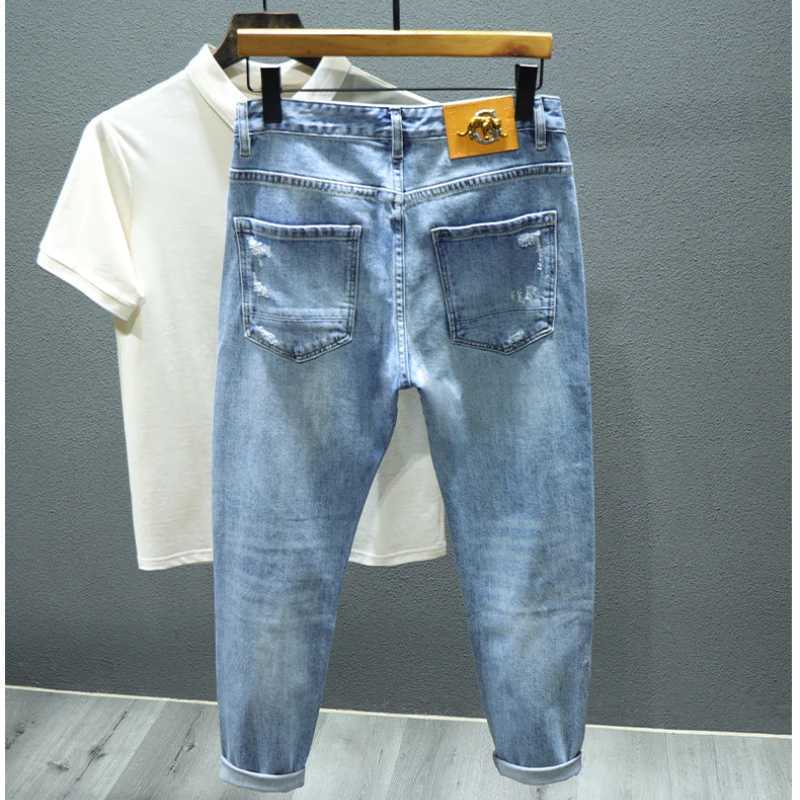 Spring New Blue Ripped Hole Jeans Mens Elastic Slim Stitching Patch Korean Fashion Mens Clothing Denim Trousers Streetwear X250812
