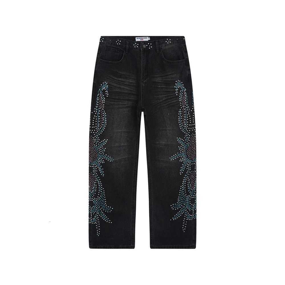 Streetwear Hot Drill Shinning Color Rhinestone Washed Baggy Jeans for Men and Women Straight Loose Casual Denim Pants Oversized X250812