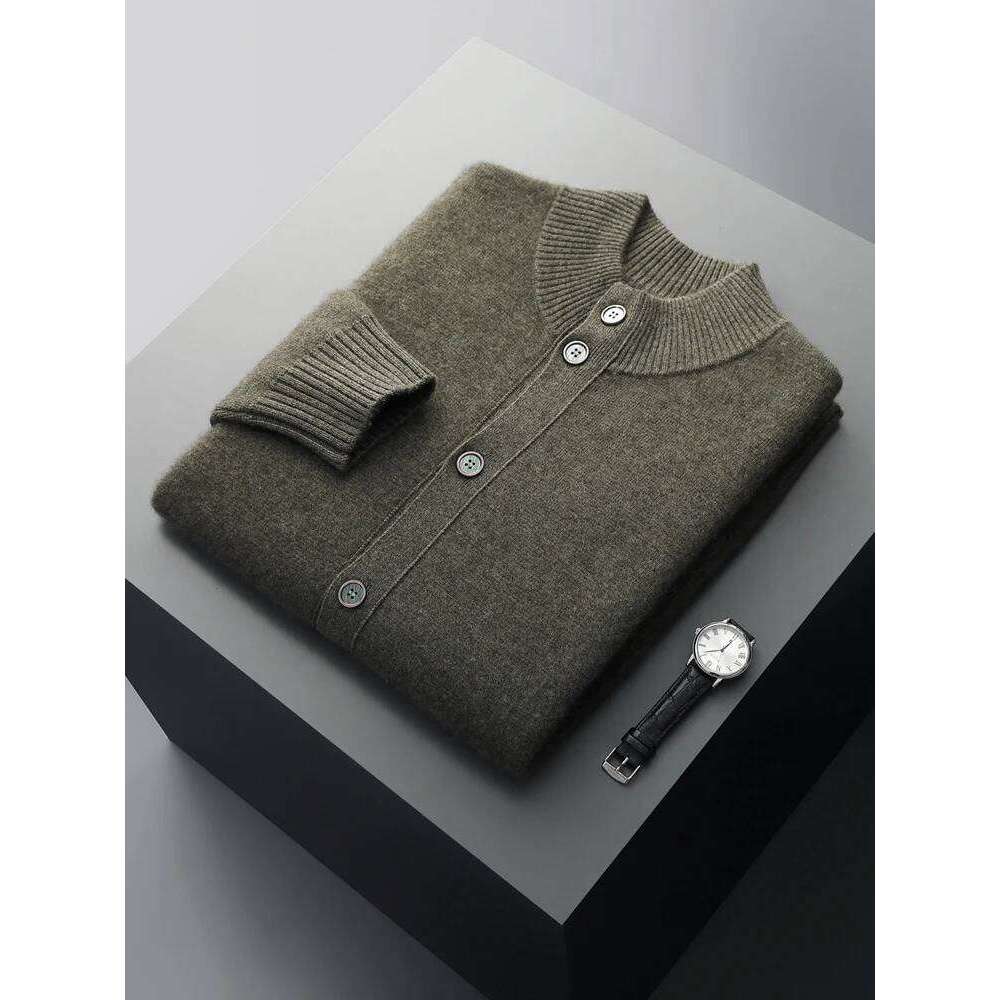 Men's Thick Sweater 100% Merino Wool Knitwear Cardigan Cashmere Buttons Coat Autumn Winter Mock Neck Pockets Casual Clothing Top 250812