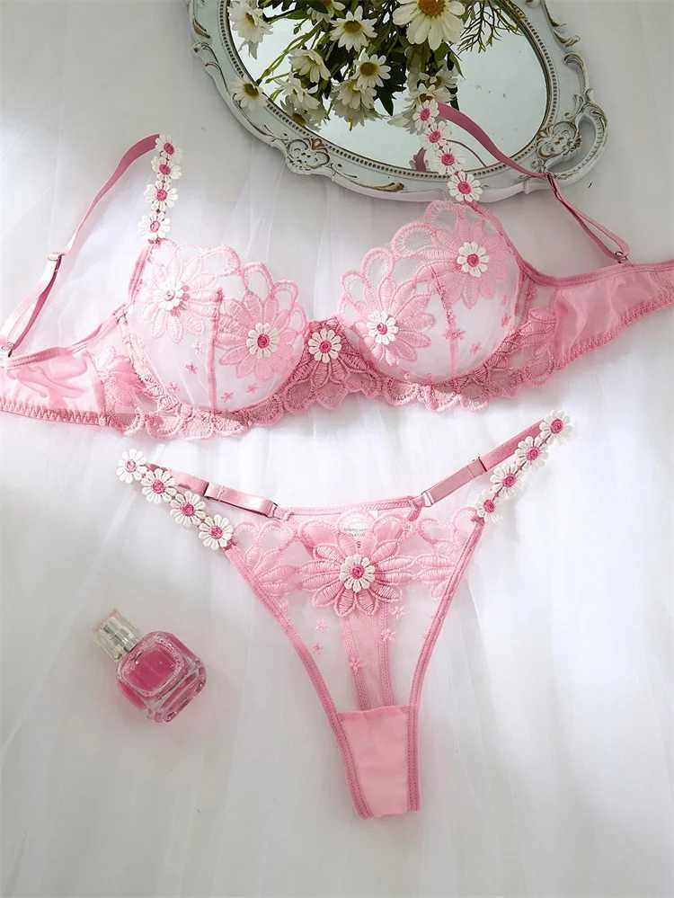 New Sexy Girl Lingerie Floral Embroidery Lingerie Set Pink Fantasy Underwear Ultra Thin Bra Panty Set Translucent Lace LingerieXJ250812
