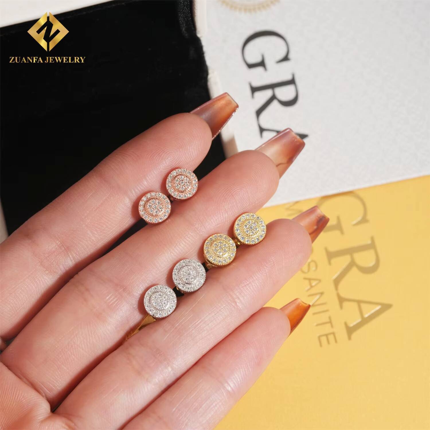 GRA Certificate Round Shape Stud Earrings 925 Silver 18K Gold Plated VVS Moissanite Ear Studs Fine Hip Hop Jewelry Mens Women