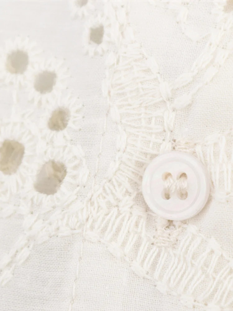 Solid White Hollow Floral Embroidery Long Pants Sets Women Turn Down Collar Shirts High Waist Trousers 2 Piece Lady Party Outfit 250811