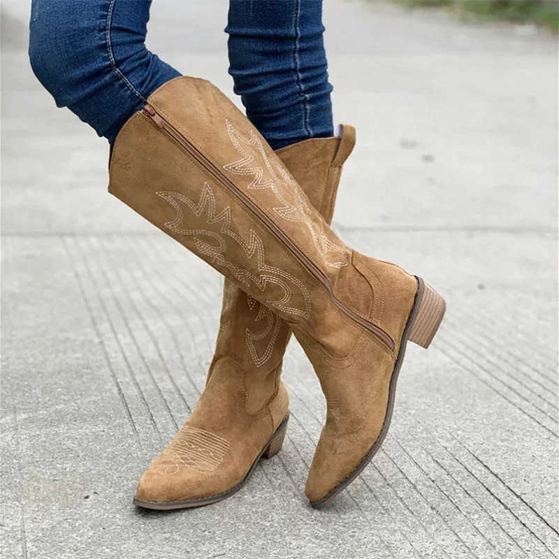 Embroidered Western Cowboy Boots for Women Autumn Pointed Toe Thick Heel High Knee Boots Woman Loose PU Leather Long Botas Mujer M250812