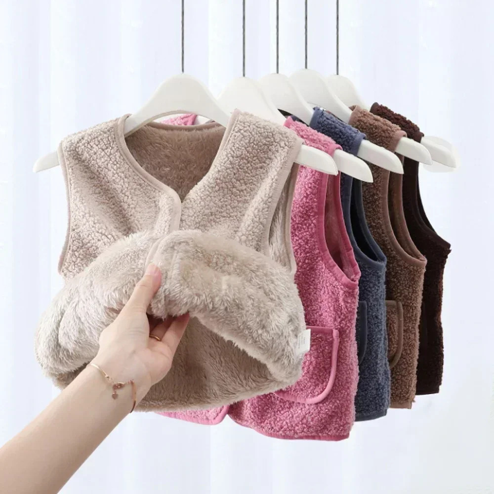 Autumn Winter Baby Lamb Wool Warm Waistcoat Girls Boys Plush Vest Single Breasted Double Layer Child Warm Fashion Warm Coat 250811