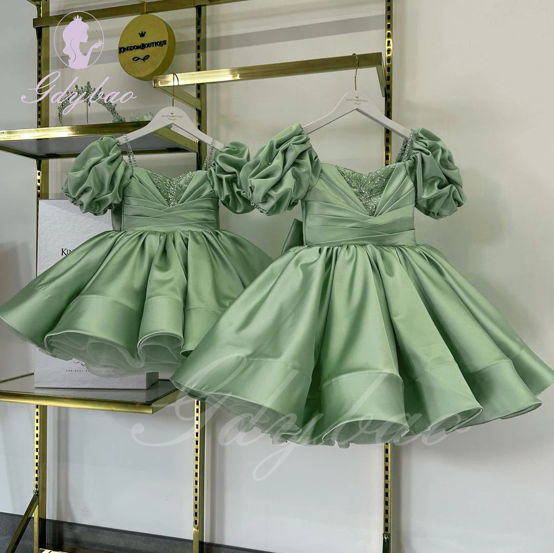 Light Green Flower Girl Dress For Wedding Beaded Satin Knee Length Puffy With Bow Kids Birthday Baby First Communion Ball Gowns 250811