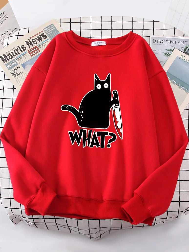Kitchen Knife Black Cat Wha? Women Sweatshirt Harajuku Casual Hoody Fashion Loose Hoodie Soft Warm vintage Fleece Female Tops Y250811